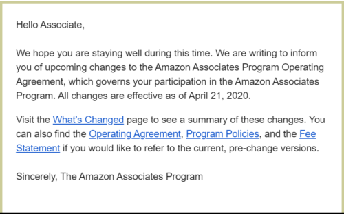 Amazon email informing affiliates commissions have been slashed